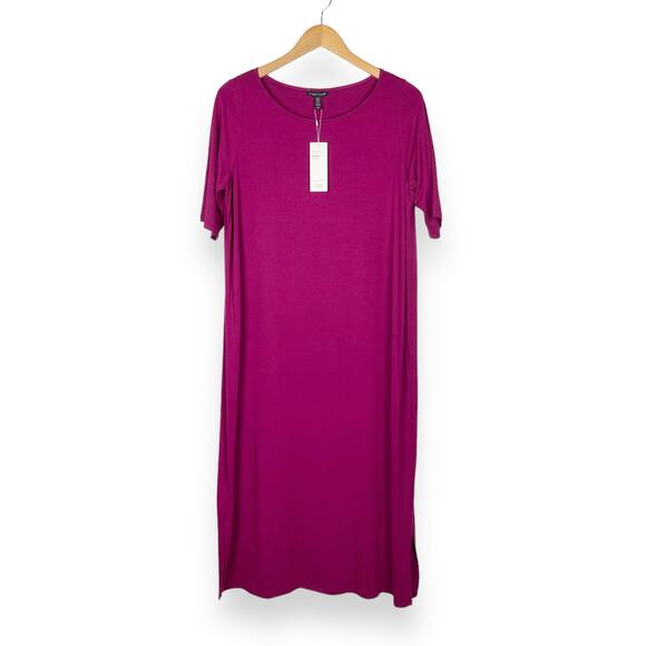 Eileen Fisher Women's Ballet Neck Stretch Knit Midi Dress Medium Magenta - Picture 1 of 10